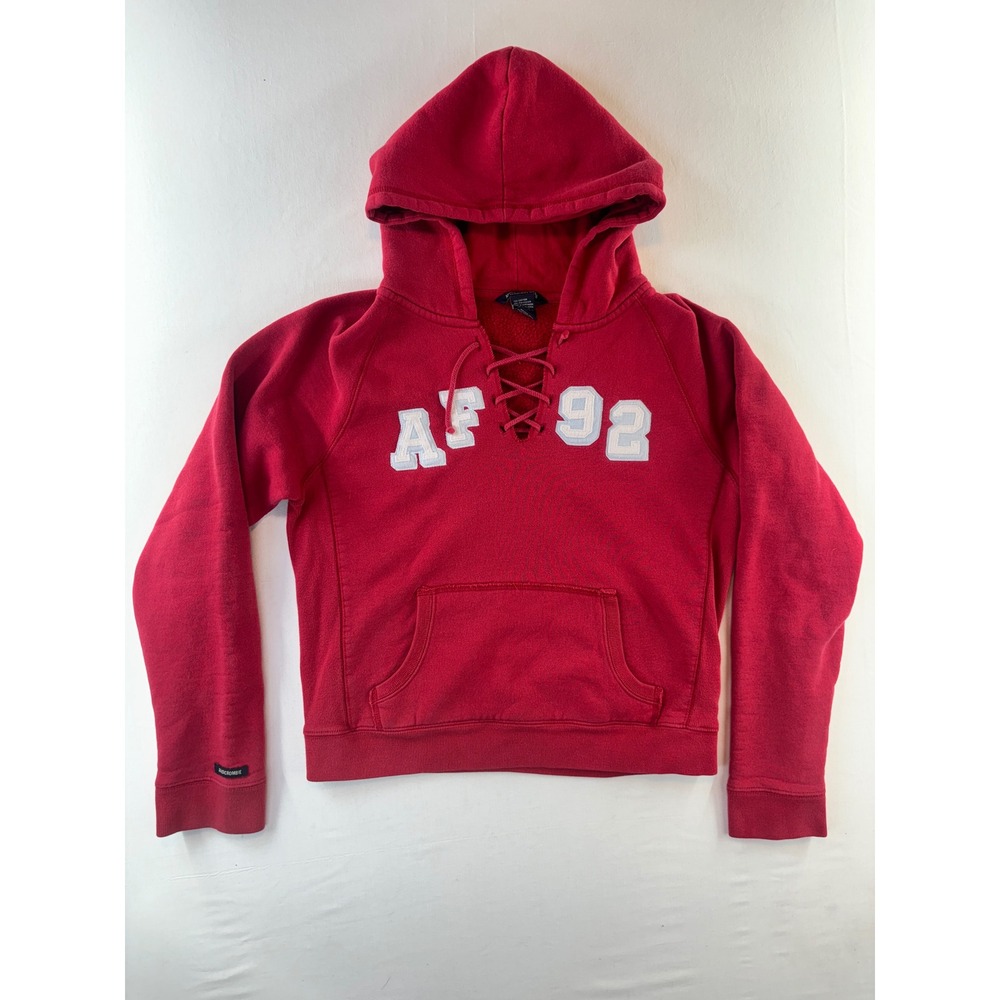 Abercrombie & Fitch Womens Red Lace Up AF 92 Applique Hoodie Sweatshirt Medium